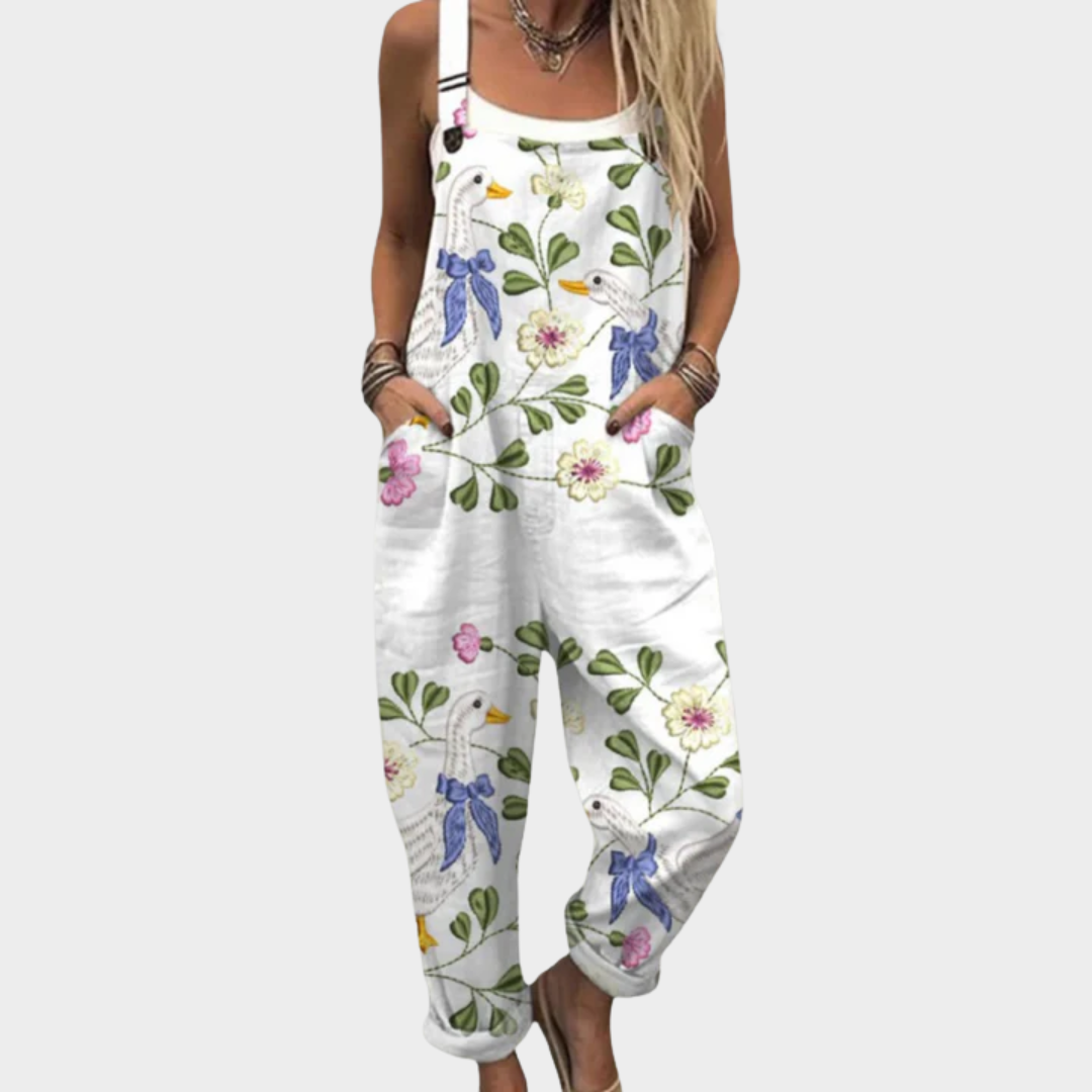 Floral Goose Print Sleeveless Pocket Wide Leg Overall Jumpsuit