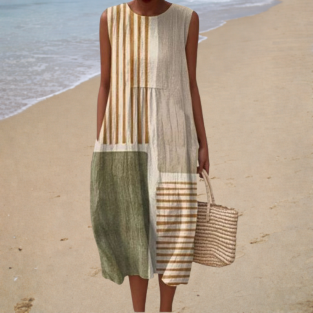Striped Patchwork Round Neck Sleeveless Pocket Midi Dress