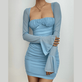 Mesh flared sleeve solid ruched zip-up lace up mini dress 10