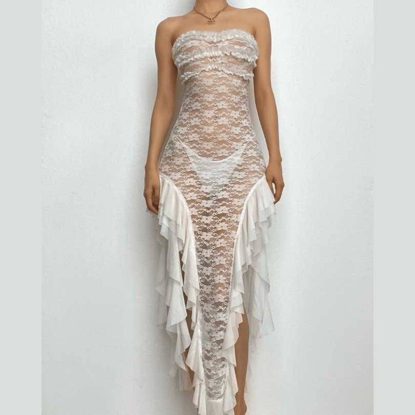 Lace see through ruffle backless slit tube midi dress