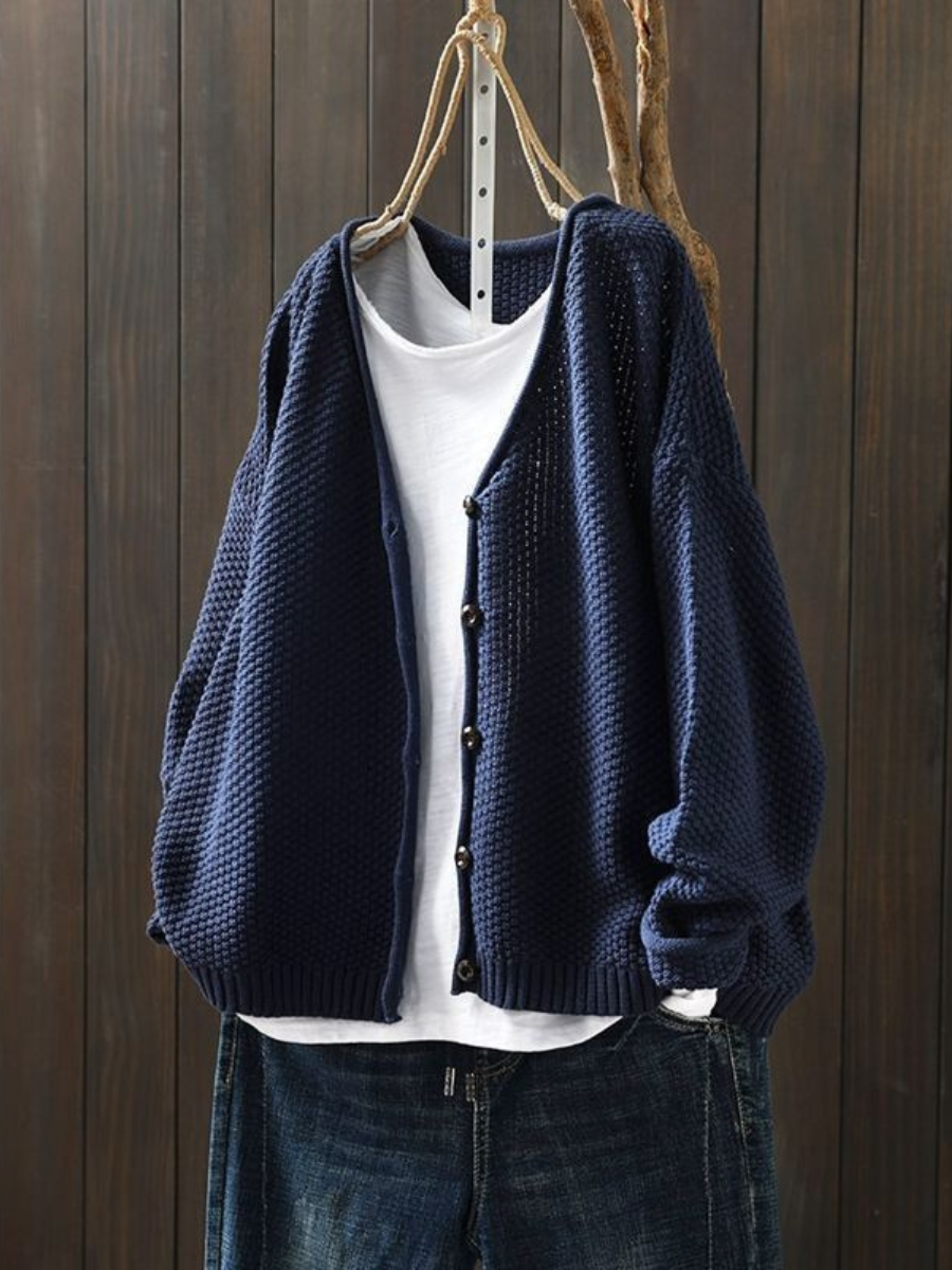 V-Neck Button Front Waffle Knit Cardigan