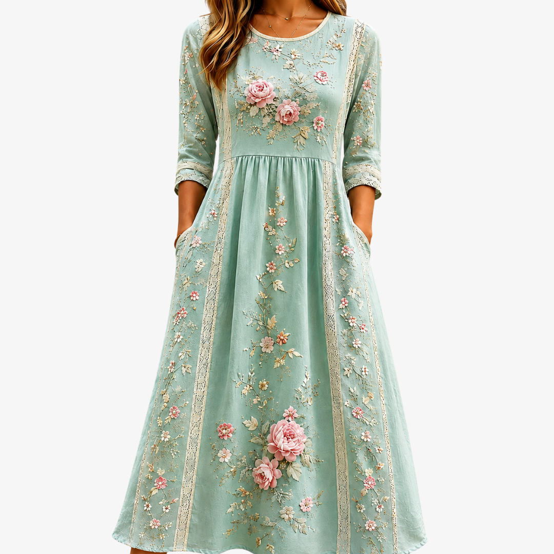 Floral Lace Trim Round Neck Three Quarter Sleeve Midi Dress