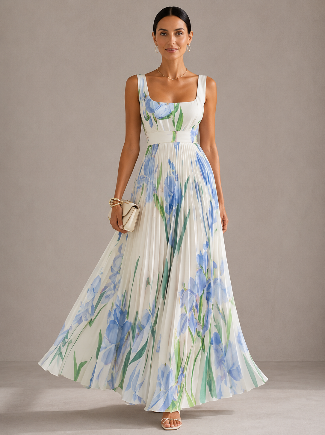 Floral Pleated Square Neck Sleeveless A-Line Maxi Dress Wedding Guest