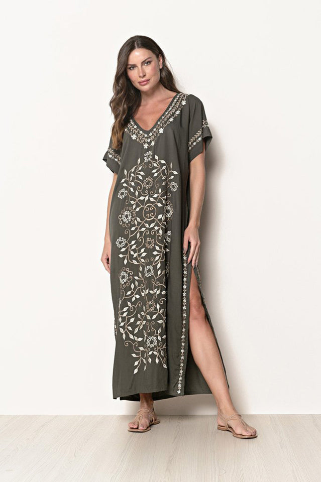 Embroidered V-Neck Short Sleeve Kaftan Maxi Dress 44