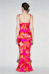 Floral Ruched Backless Tie Cami Mermaid Maxi Bodycon Dress