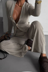 Button Cardigan Pants Casual Two Piece Set