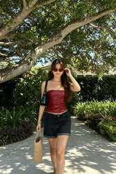 Pu Leather Zip Up Slim Crop Strapless