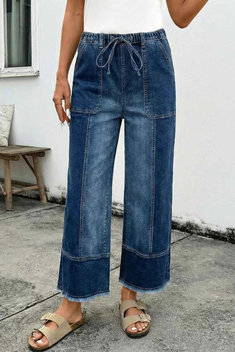Drawstring Seam Detail Raw Hem Wide Leg Denim Pants