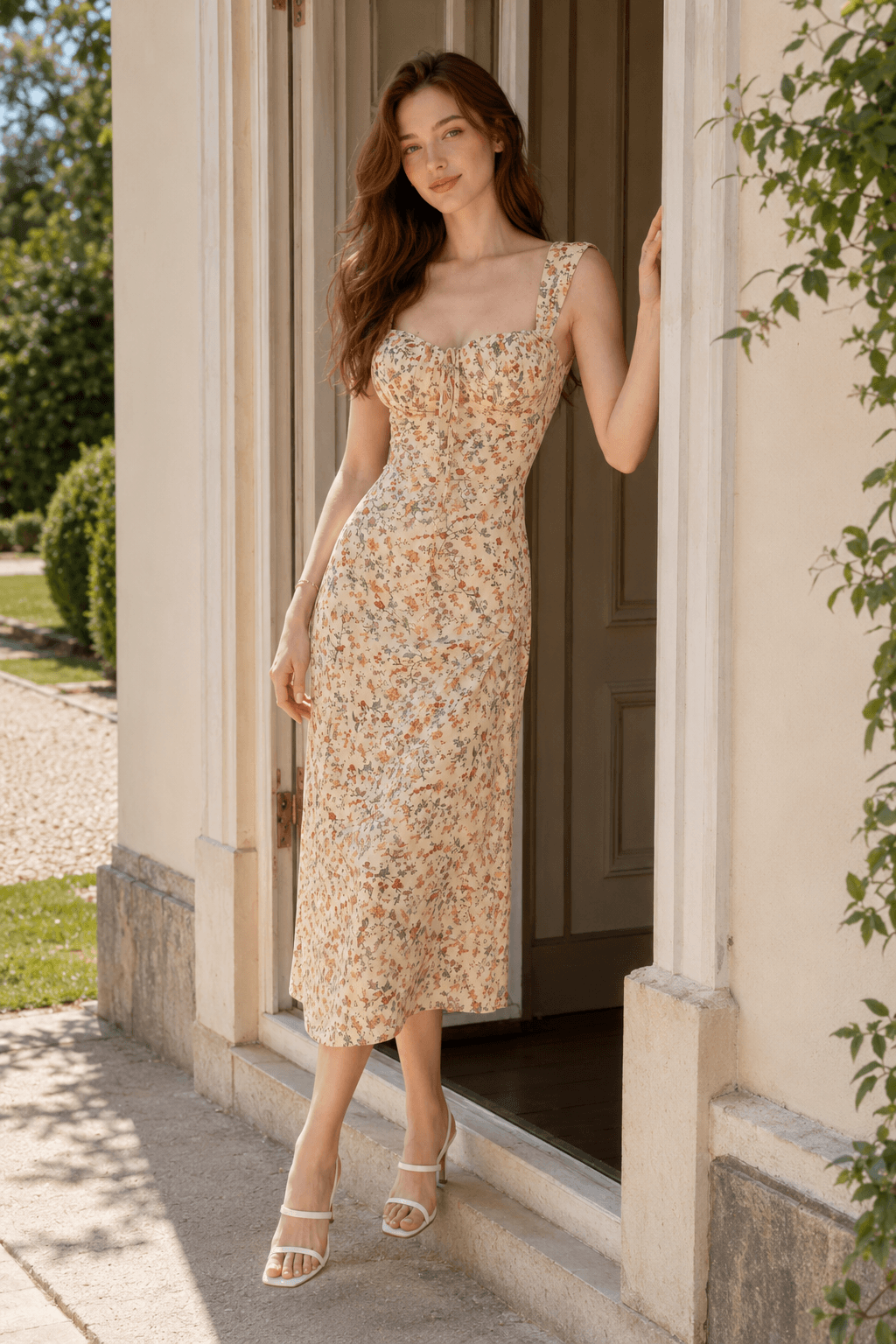 Stretch Square Neck Waist Strap Floral Dress