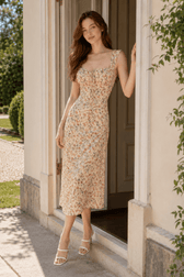 Stretch Square Neck Waist Strap Floral Dress