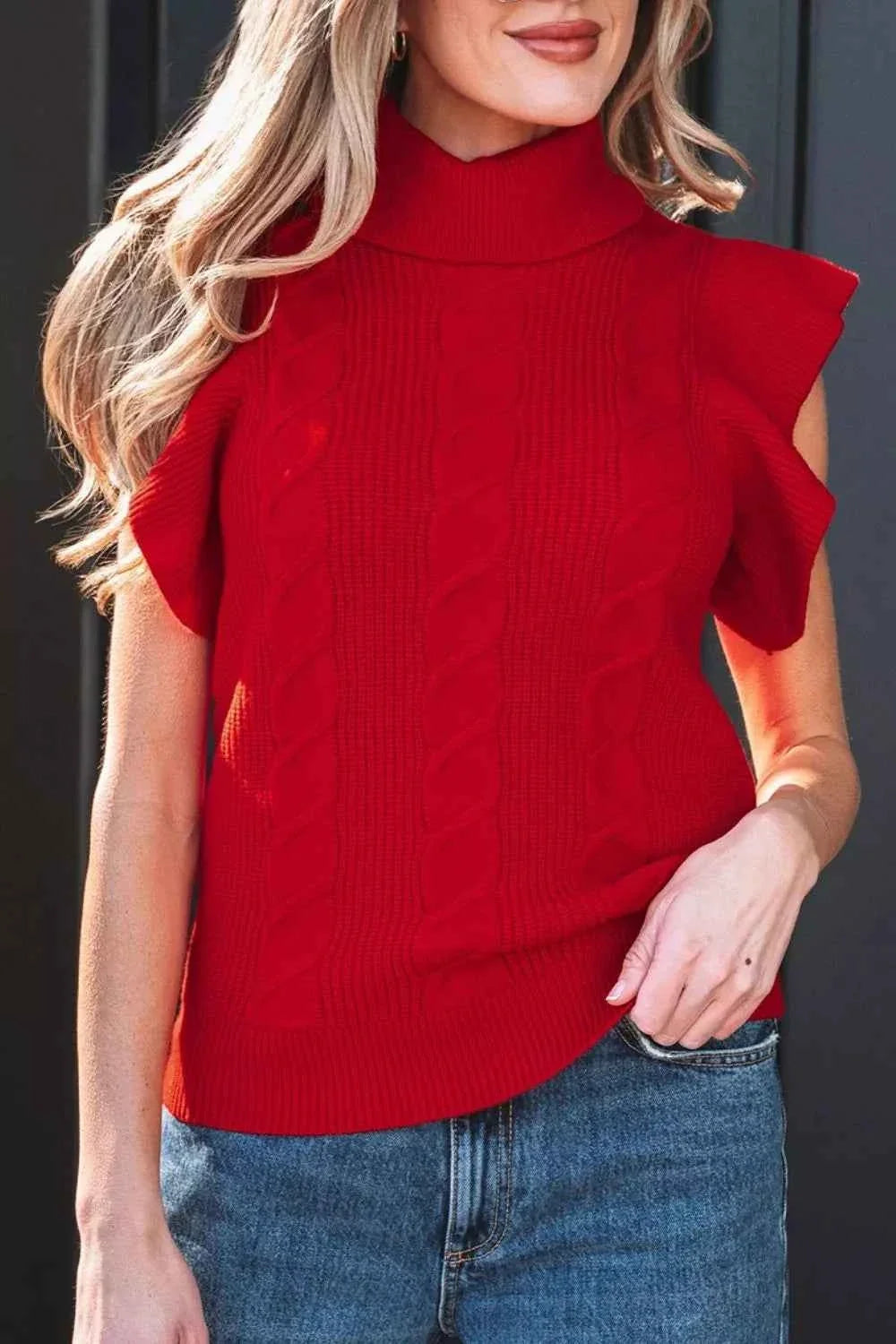 Cable Knit Turtleneck Ruffled Short Sleeve Sweater