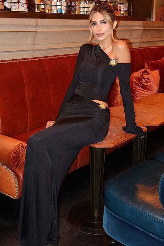 One Shoulder Metal Detail Flared Sleeve Top High Waist Skirt Set
