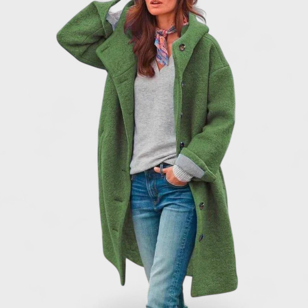 Hooded Button Front Longline Wool Blend Coat