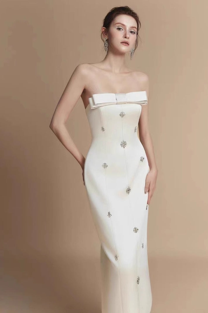 Beaded Bow Strapless Reception Dress
