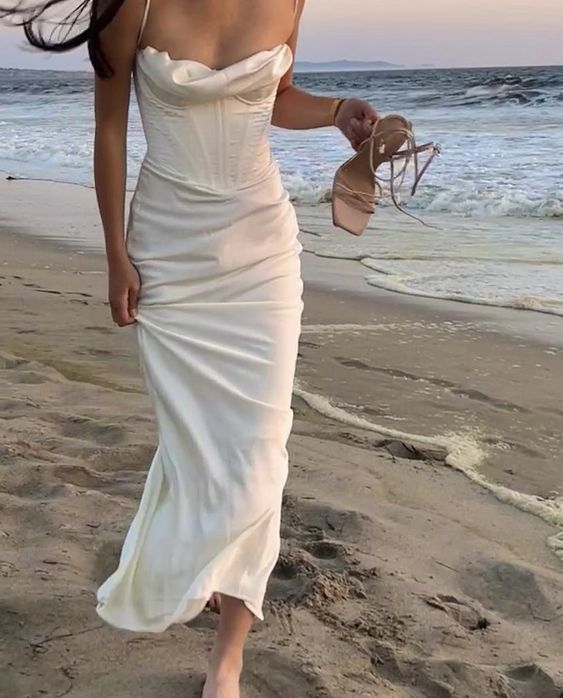 Spaghetti Straps White Satin Long Party Dress Prom Evening Gown cc1377