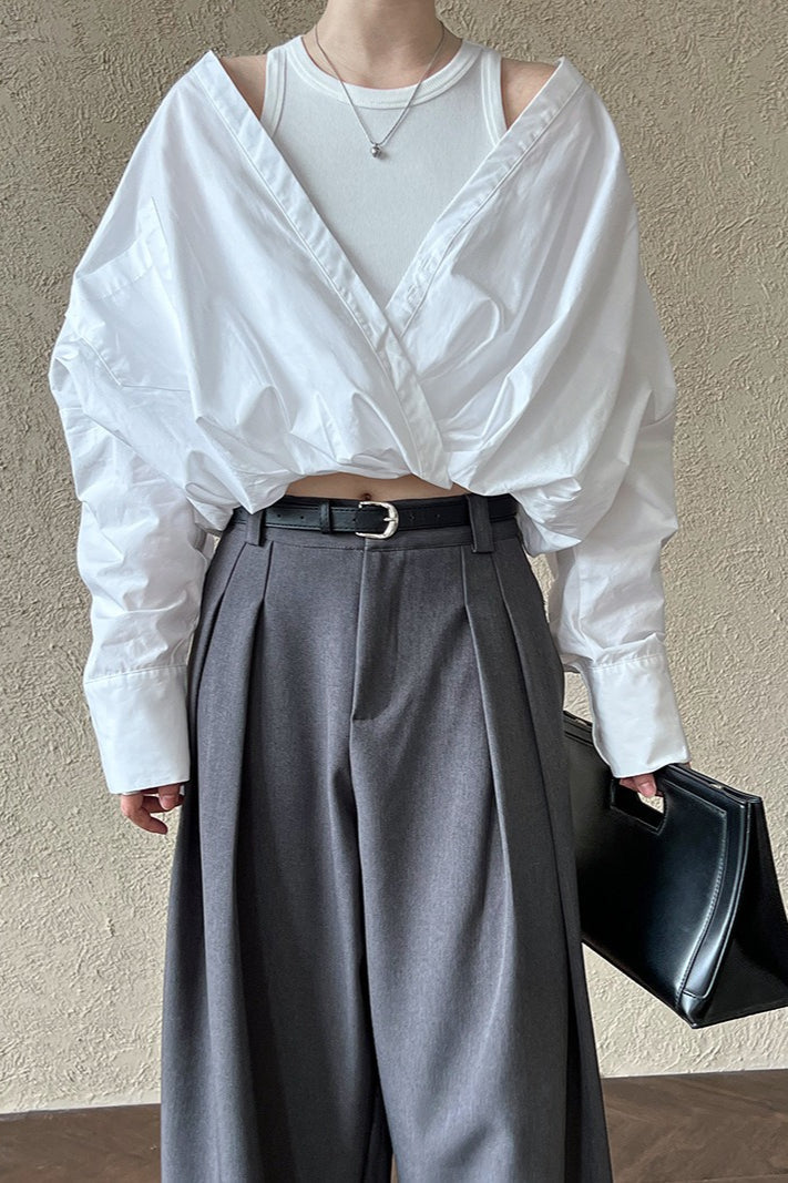 V-Neck Long Sleeve Twist Front Layered Tank Mock Two Piece Shirt 3