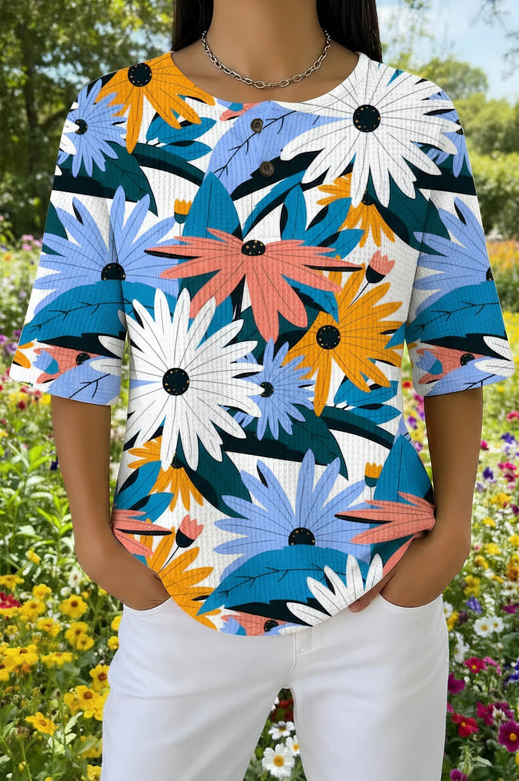 Womens Blue Bold Floral Print Casual Shirt