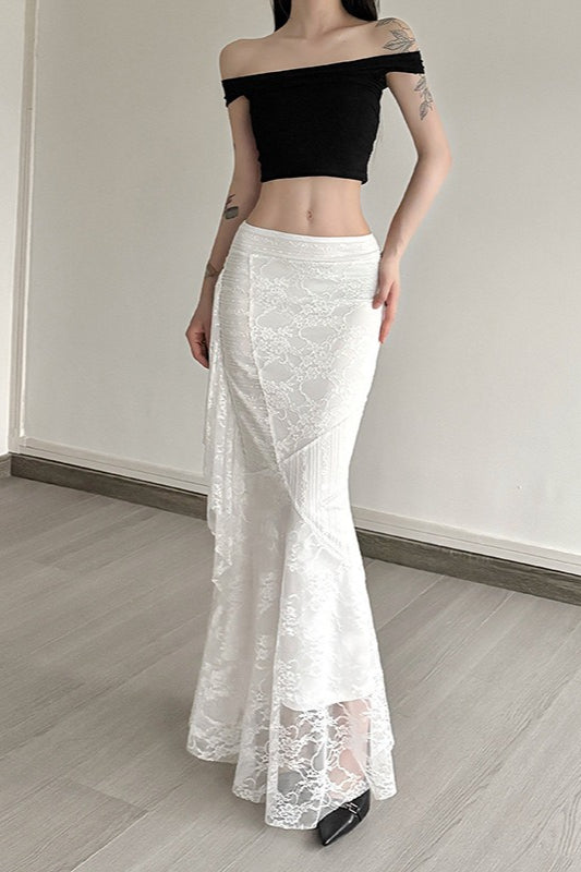 Lace Overlay Low Rise Side Ruffle Mermaid Maxi Skirt