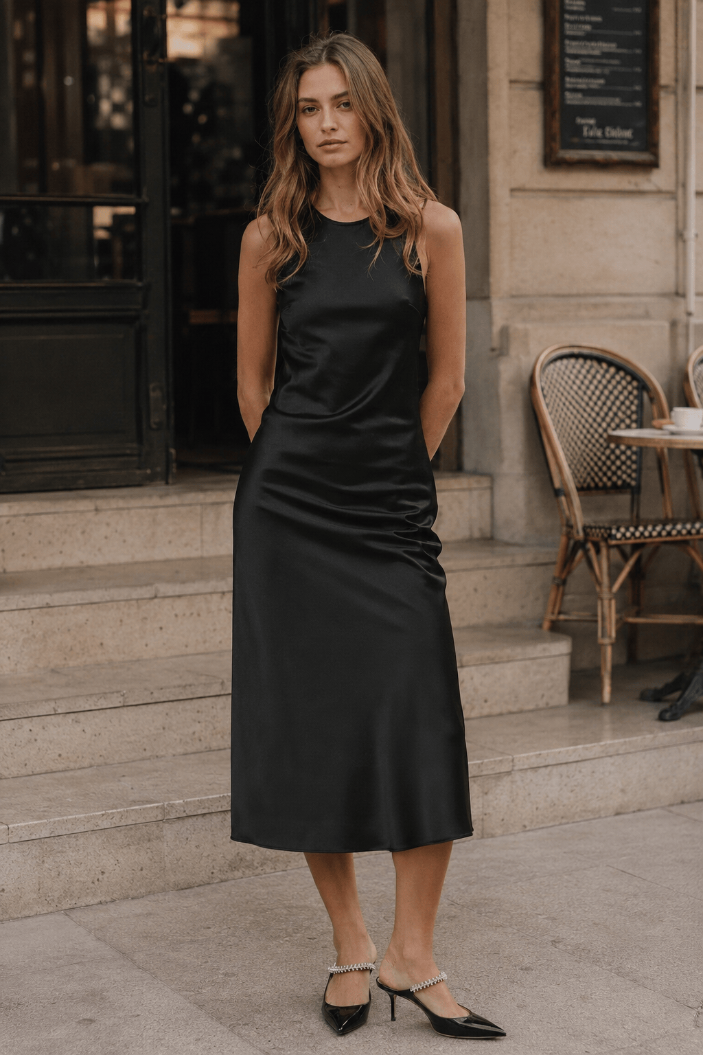 Black Satin Sleeveless Slip Dress