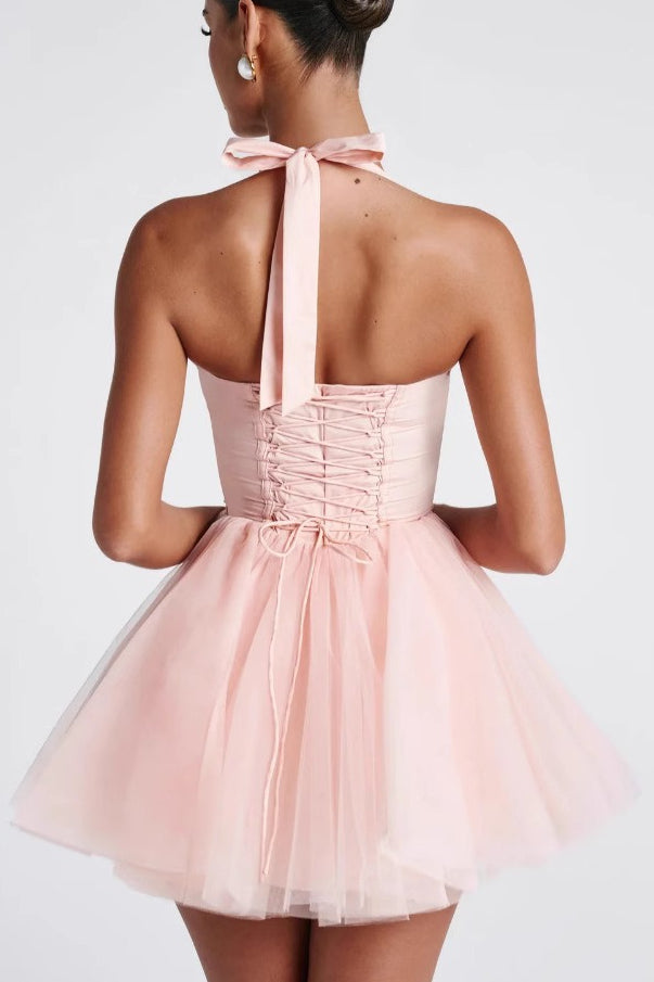 Tulle Halter Neck Corset Tiered Mini Dress