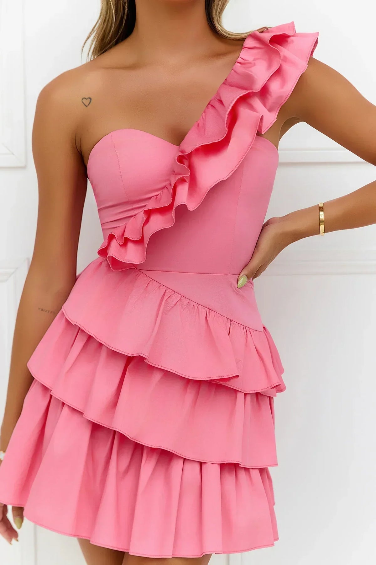 One Shoulder Ruffle Trim Sweetheart Tiered Ruffle Mini Dress 12