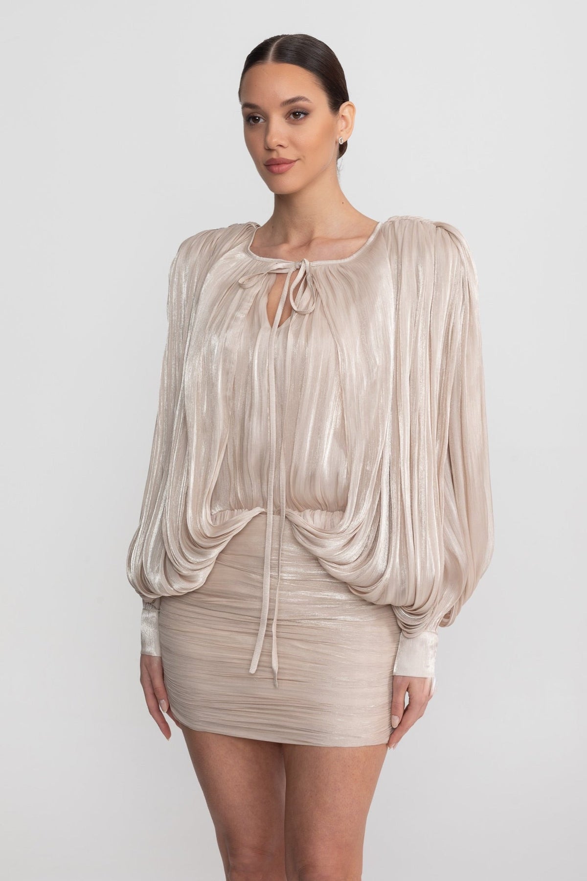 Pleated Tie Neck Batwing Long Sleeve Ruched Mini Dress 4