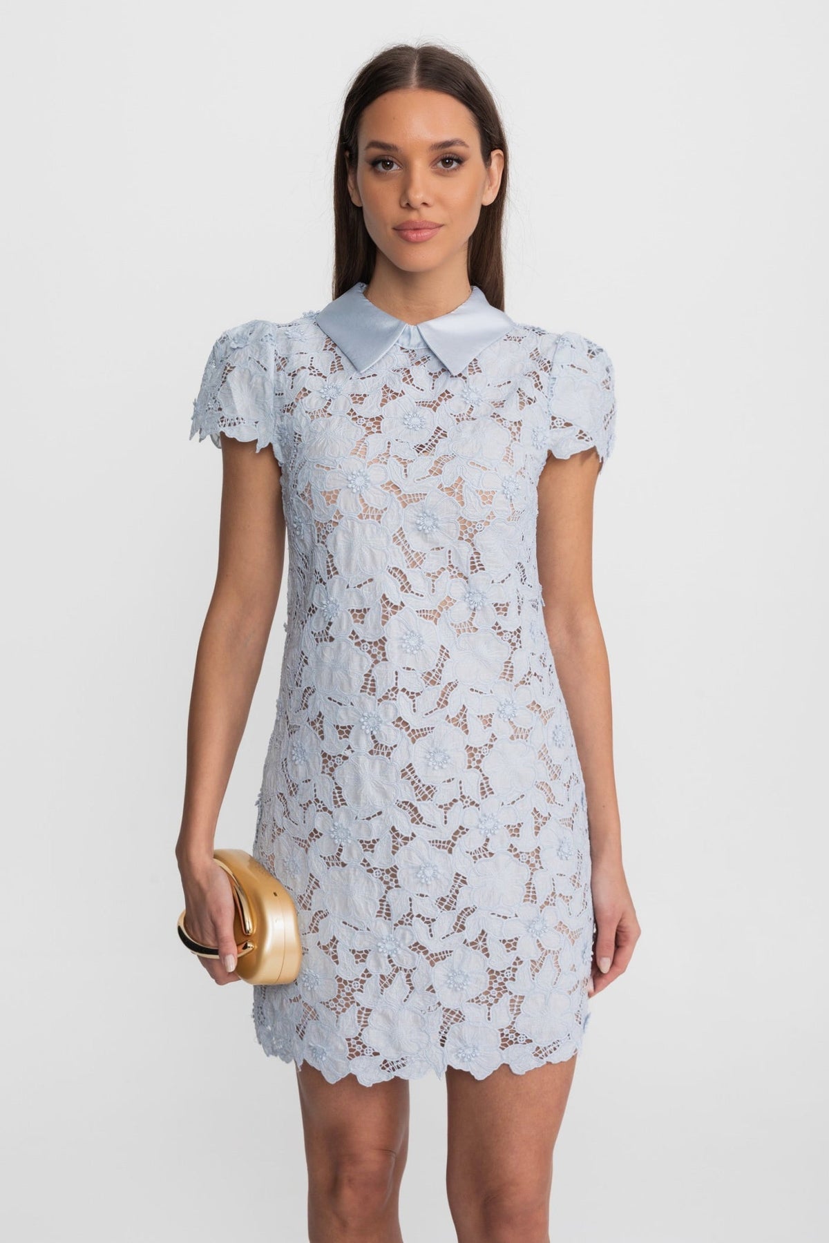 Floral Lace Satin Collar Short Sleeve Scalloped Hem Shift Mini Dress
