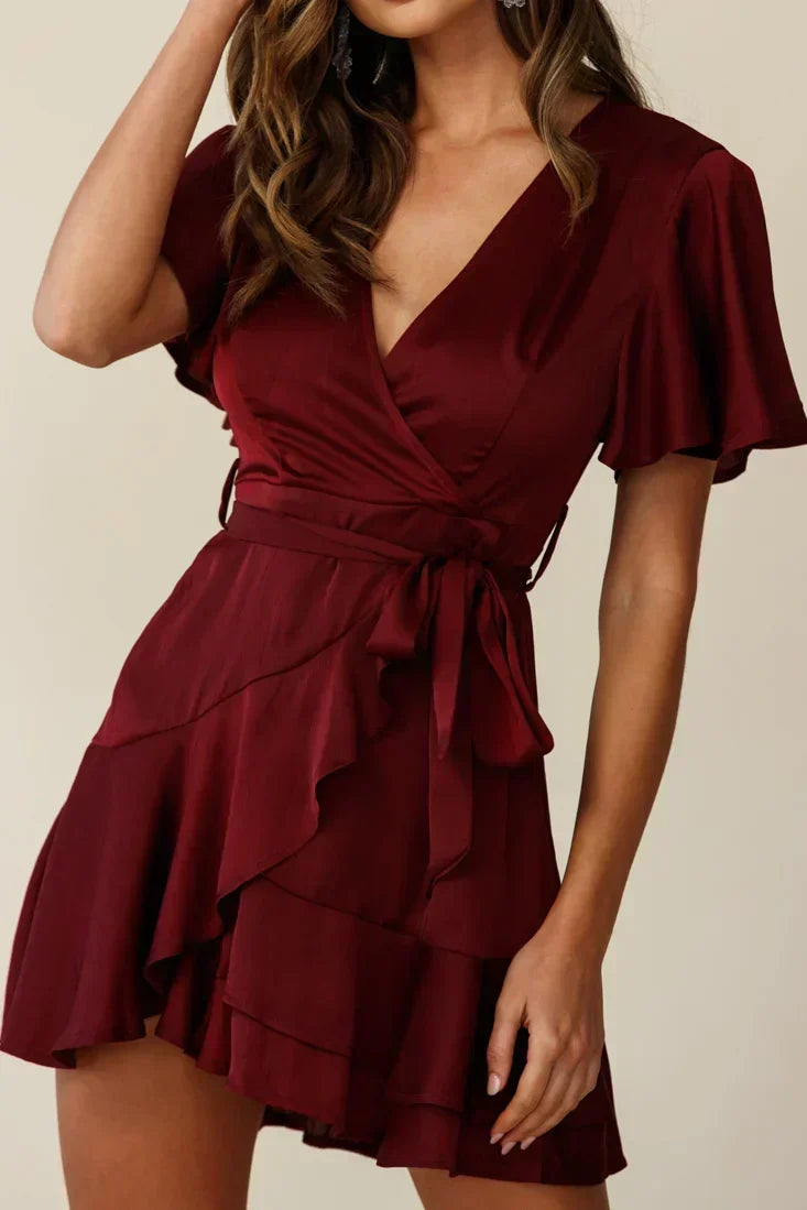 Satin V-Neck Flutter Sleeve Wrap Ruffle Hem Mini Dress 4