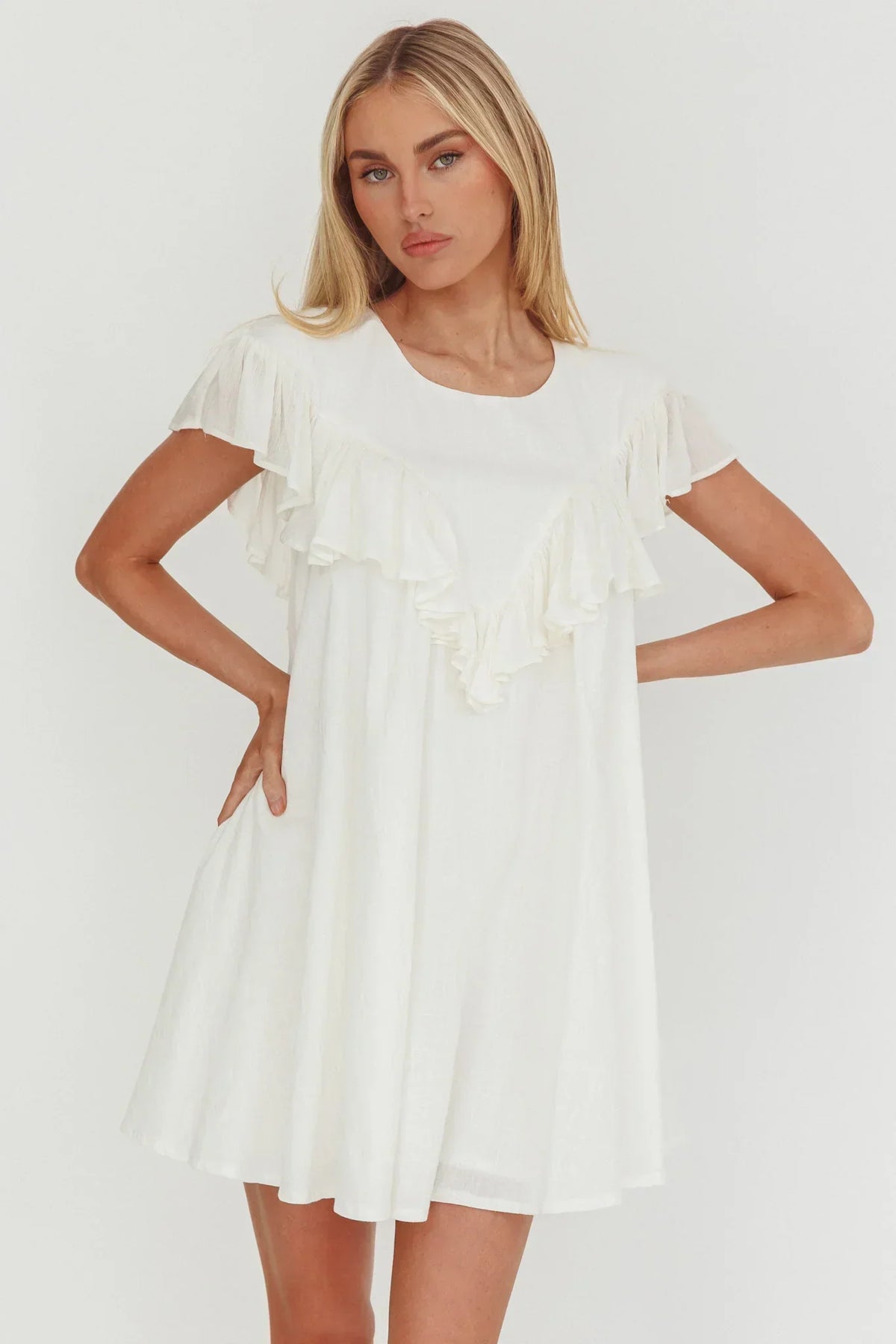 Sunshine Weekend Frill Trim Babydoll Mini Dress White