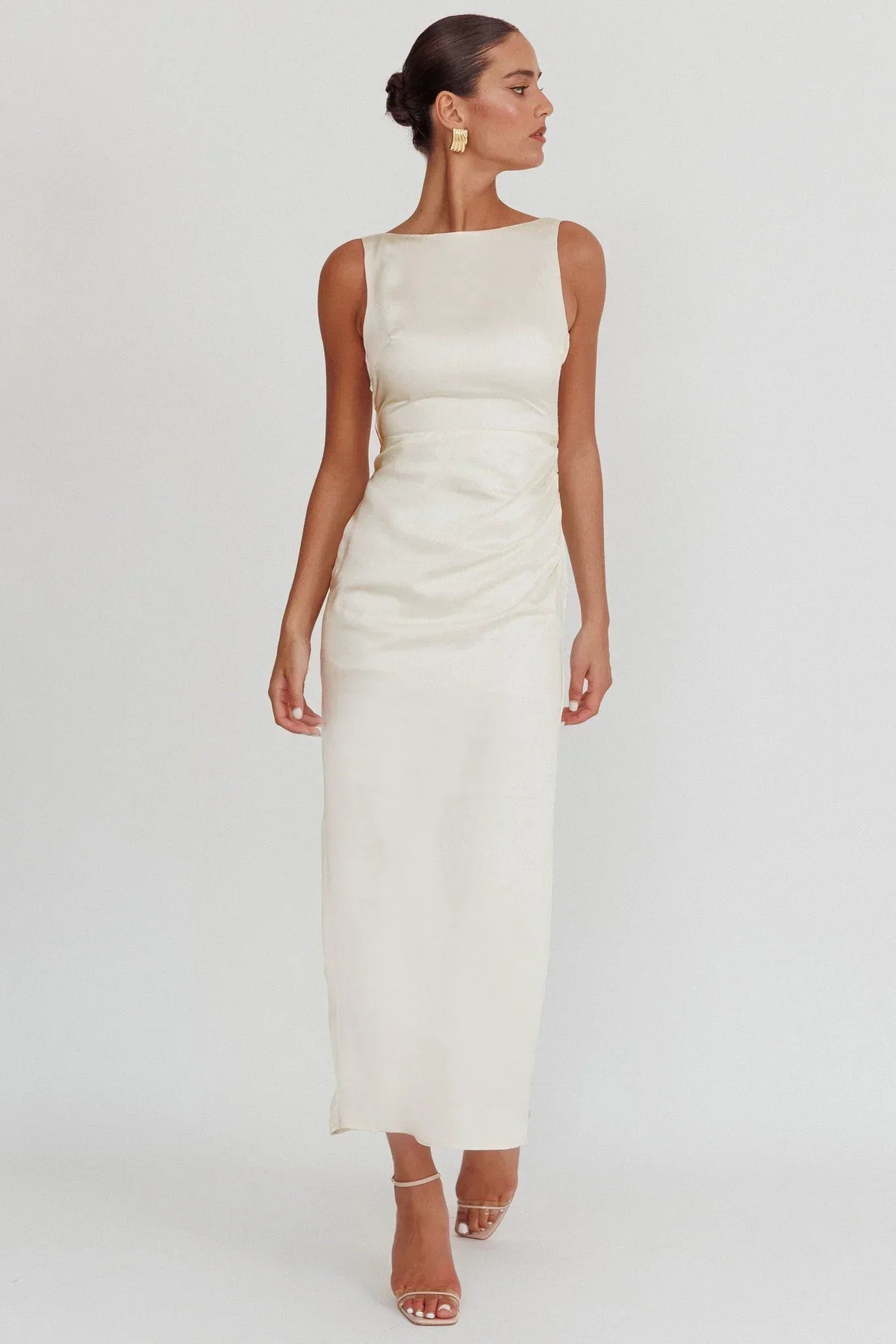 Satin Boat Neck Sleeveless Ruched Waist Column Midi Dress 6