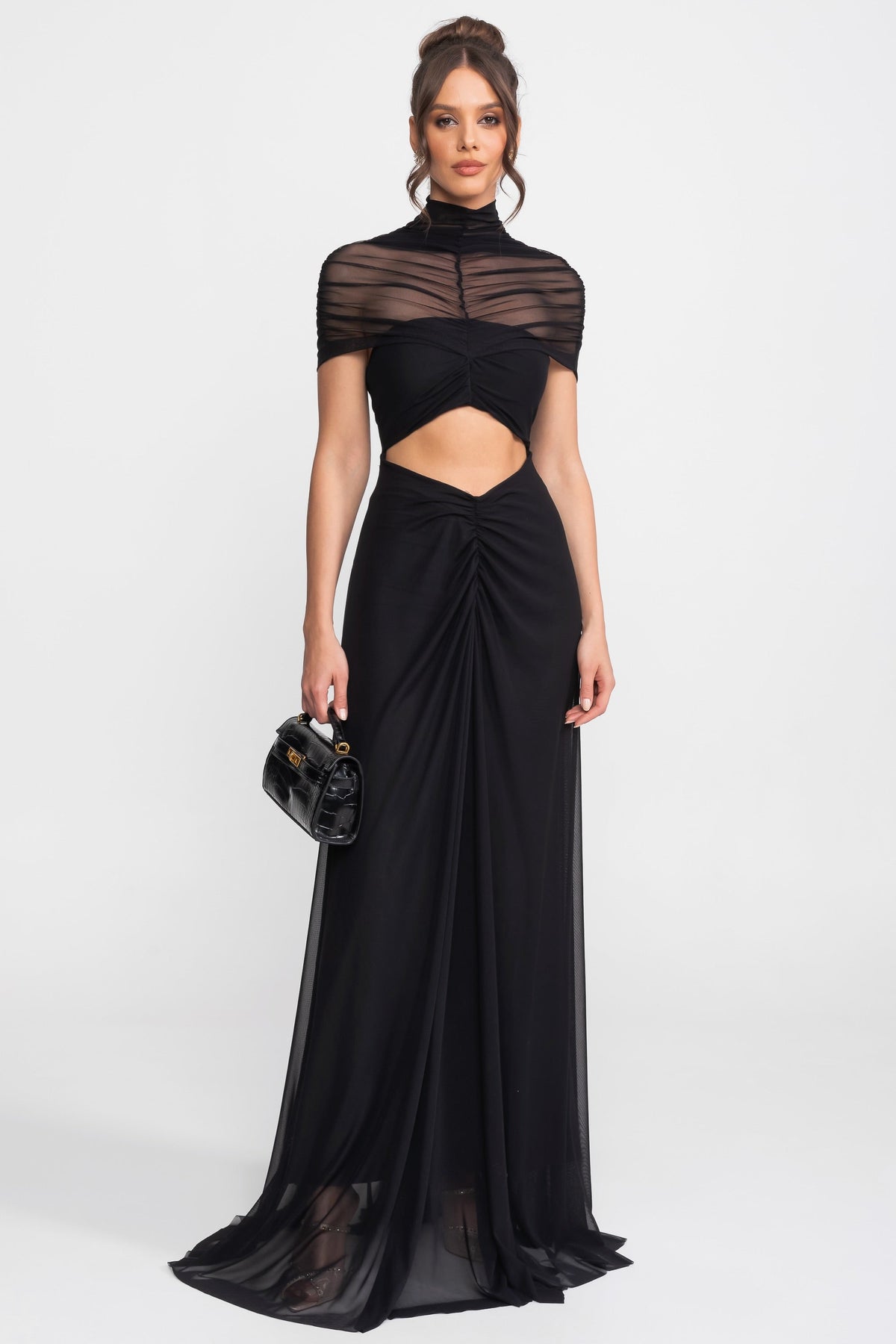 Mock Neck Ruched Mesh Cap Sleeve Cut Out Waist Maxi Dress 2