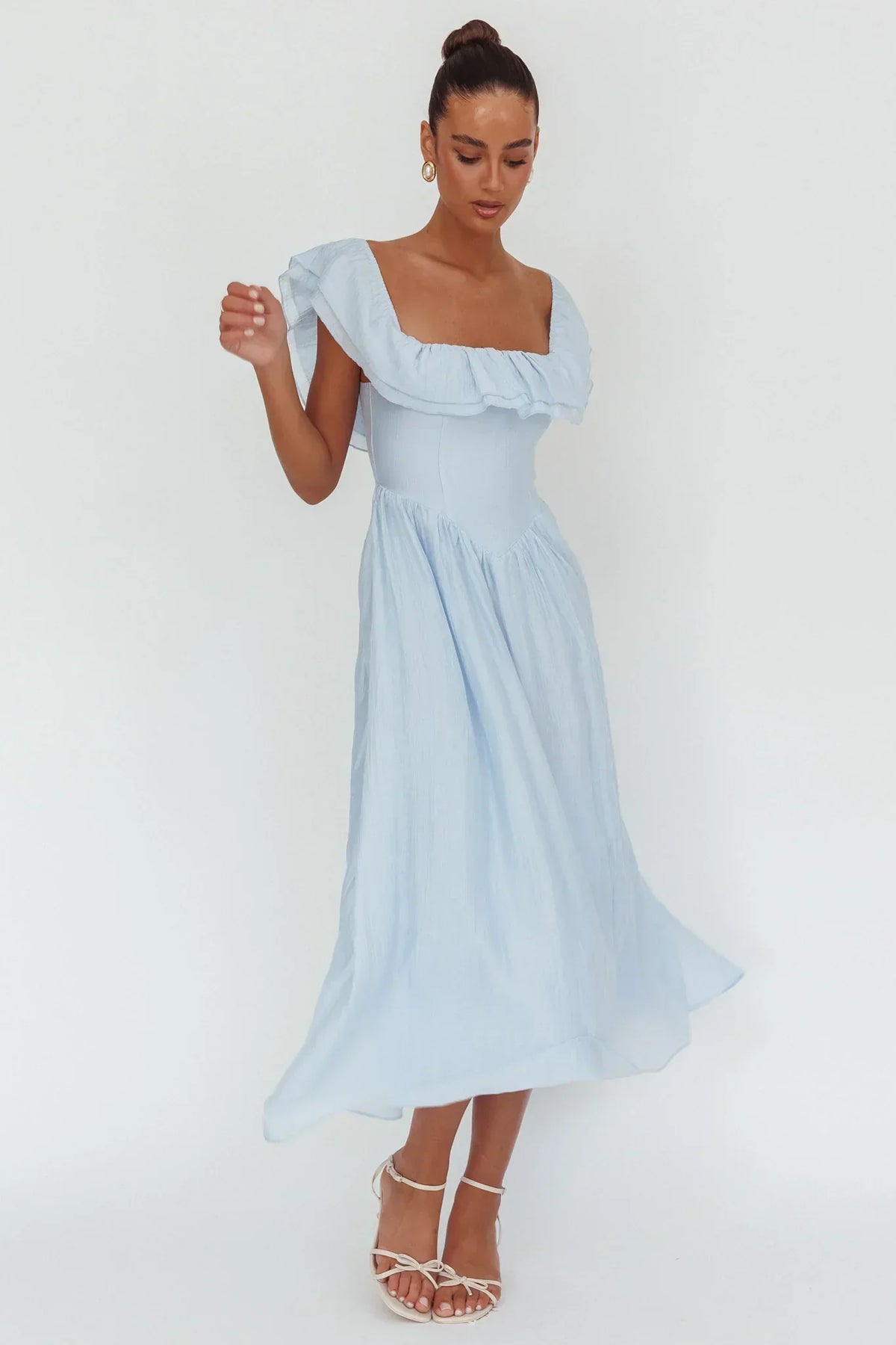 Square Neck Ruffle Sleeve Basque Waist Midi Dress 5
