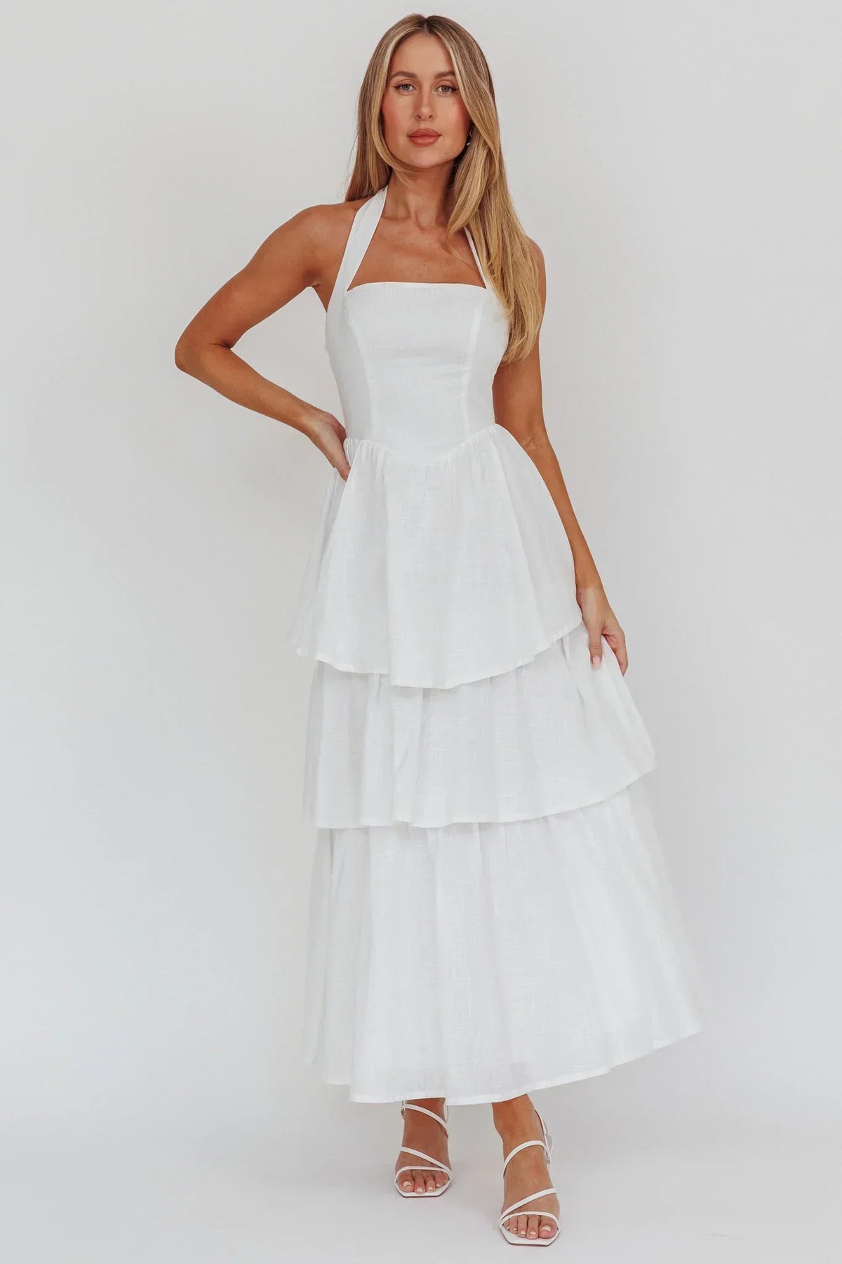 Halter Neck Square Neckline Basque Waist Tiered Ruffle Maxi Dress