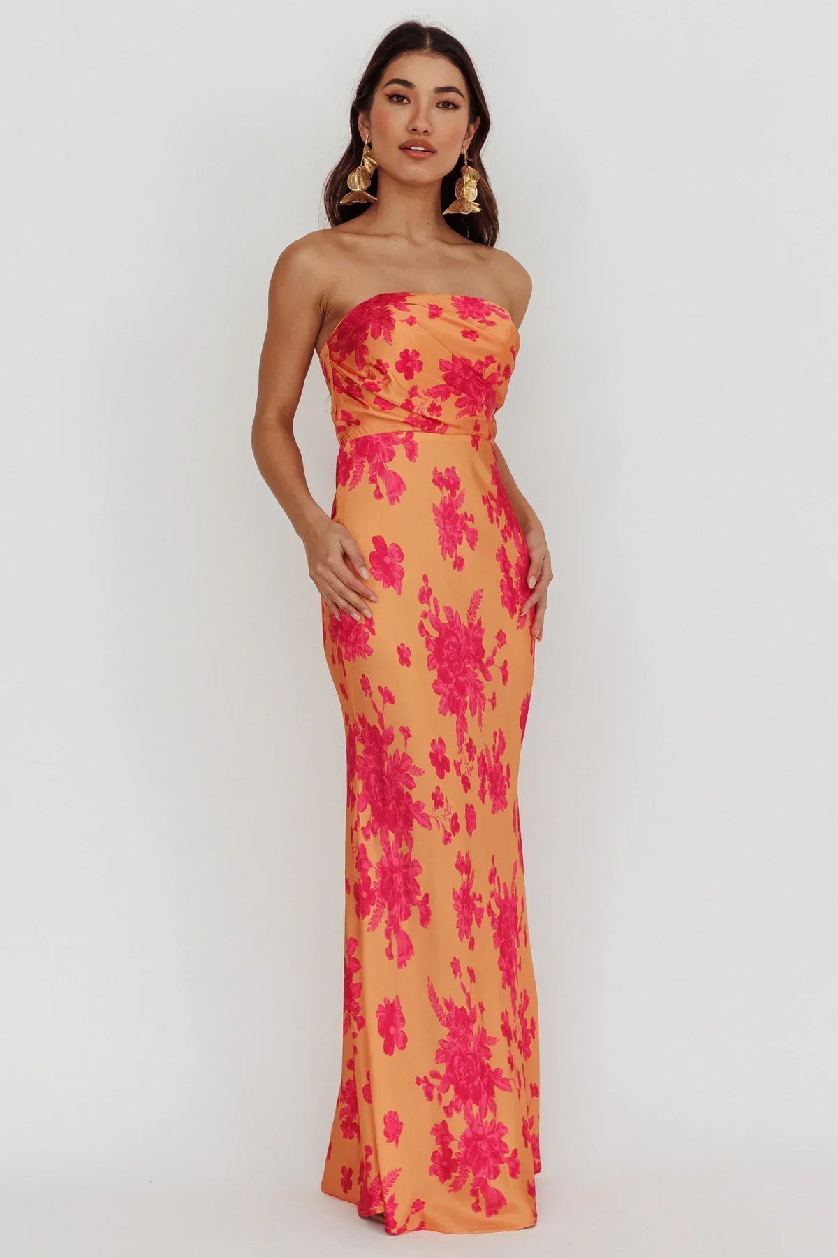Floral Print Satin Strapless Bias Cut Maxi Dress 6
