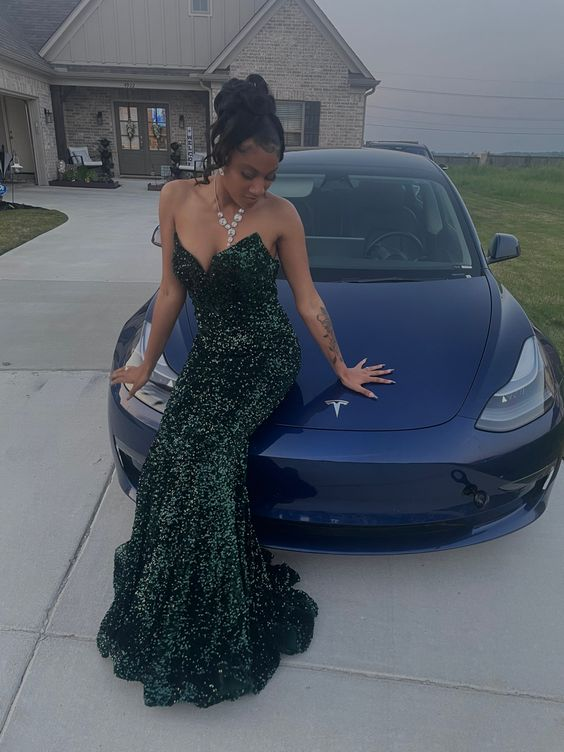 Dark Green Strapless Mermaid Floor Length Sequined Prom Dress cc1016