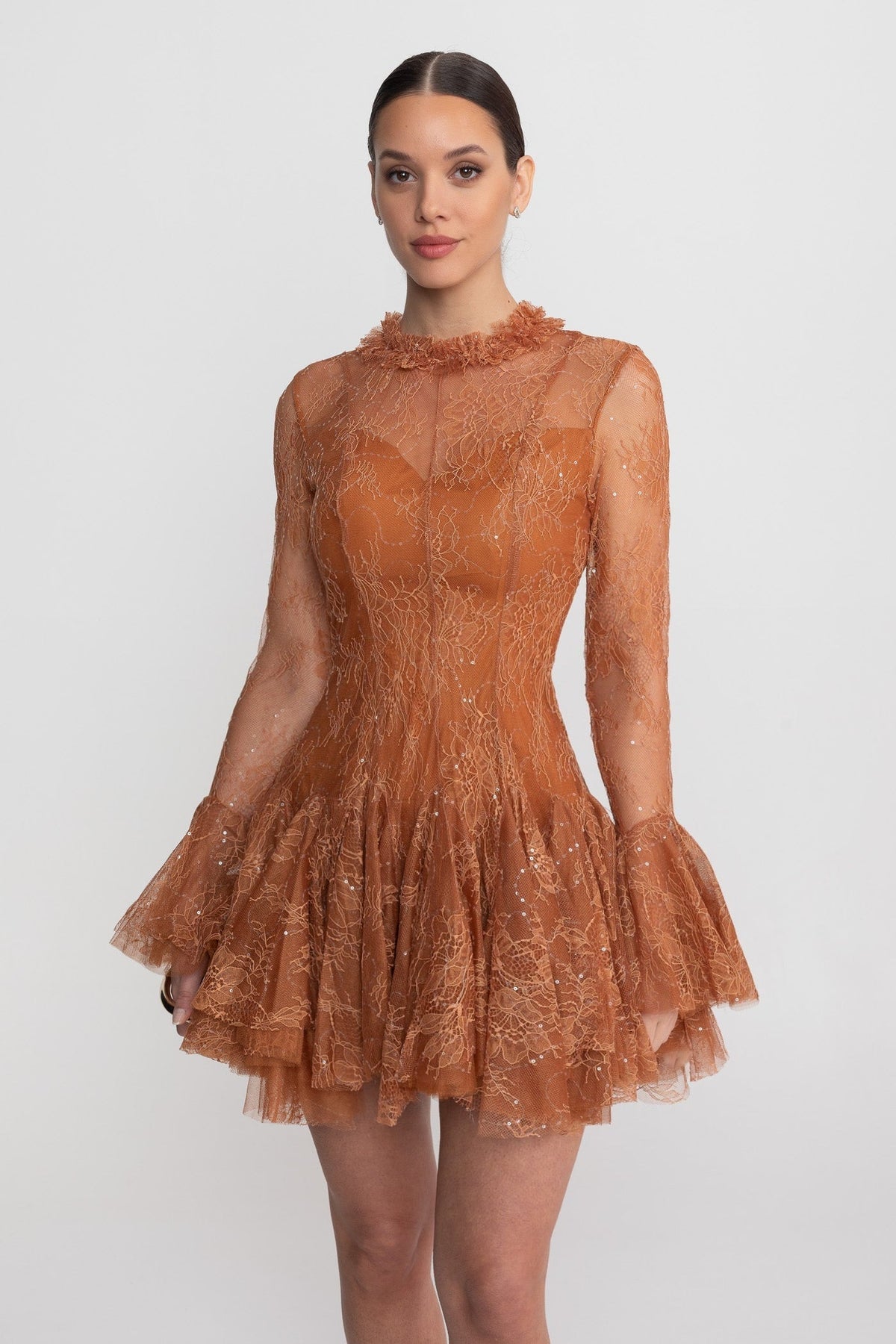Sheer Lace Ruffle Neck Long Sleeve Flared Cuff Ruffle Hem Mini Dress 4