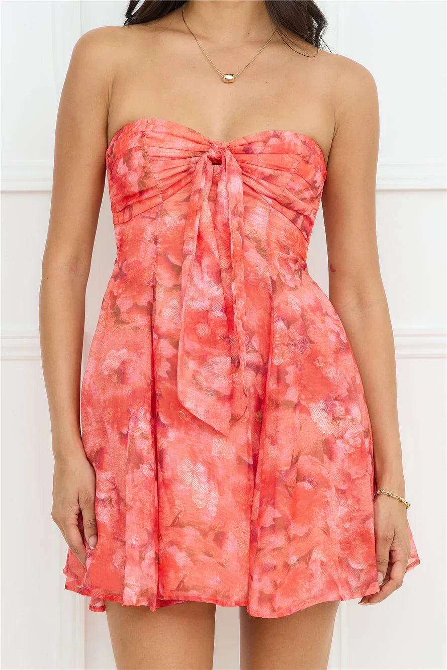 Strapless Floral Print Tie Front Fit and Flare Mini Dress 2