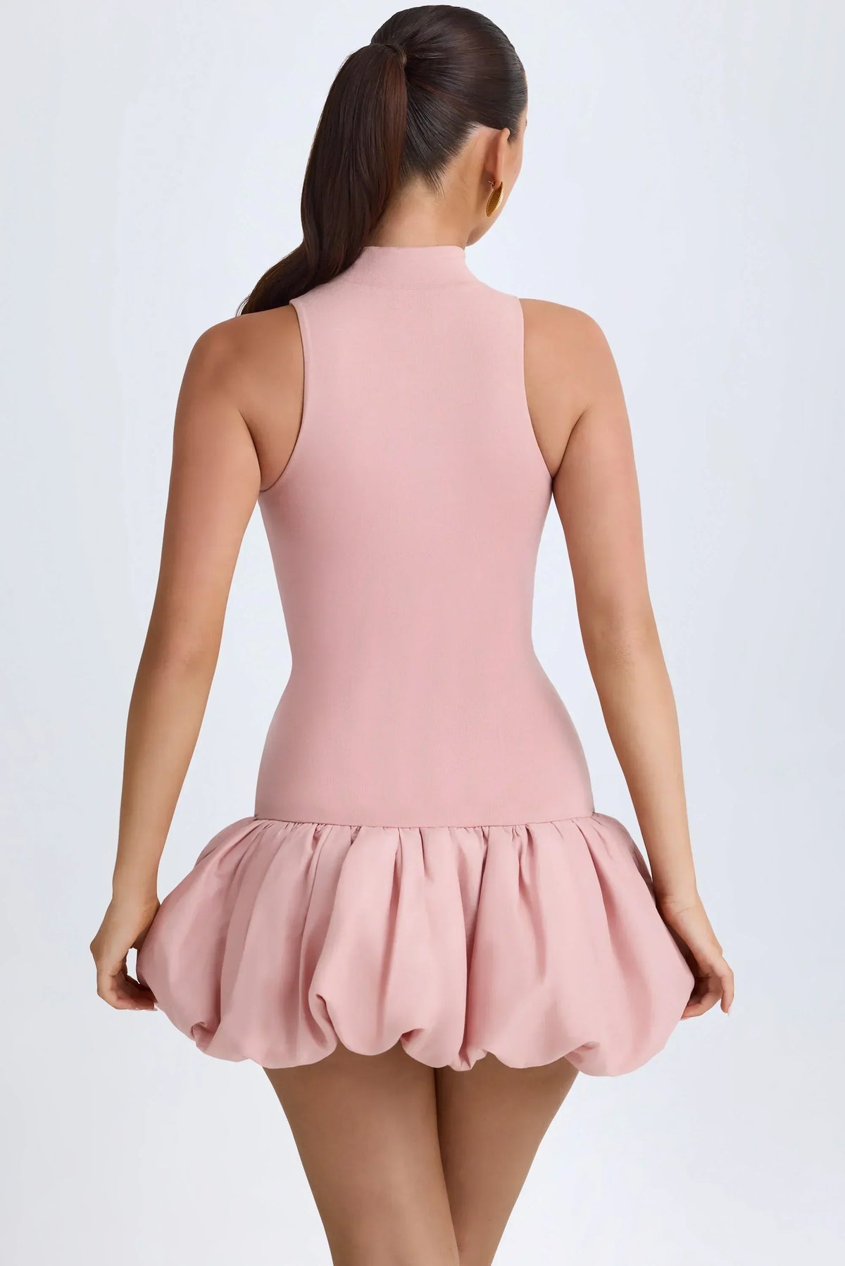 Mock Neck Sleeveless Knit Drop Waist Bubble Hem Mini Dress 3