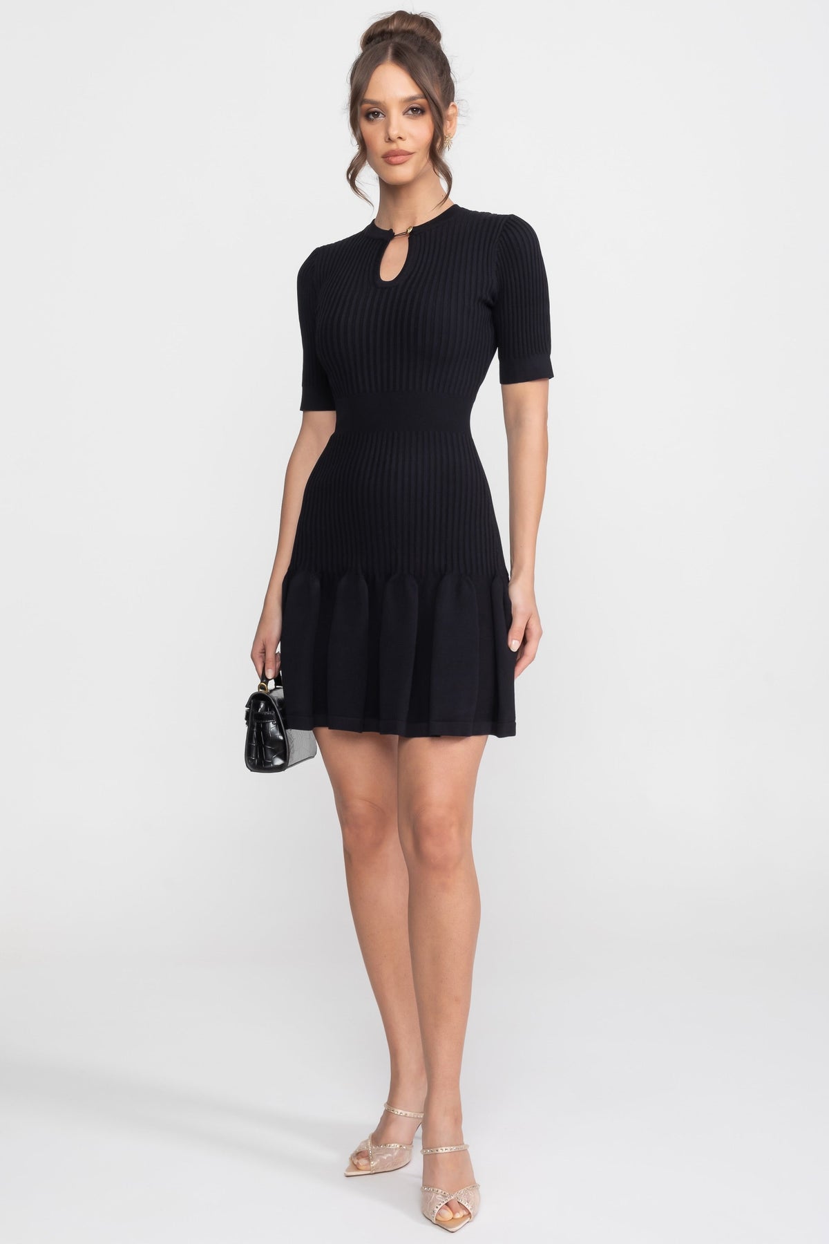 Ribbed Knit Keyhole Neck Short Sleeve Flounce Hem Mini Dress 3