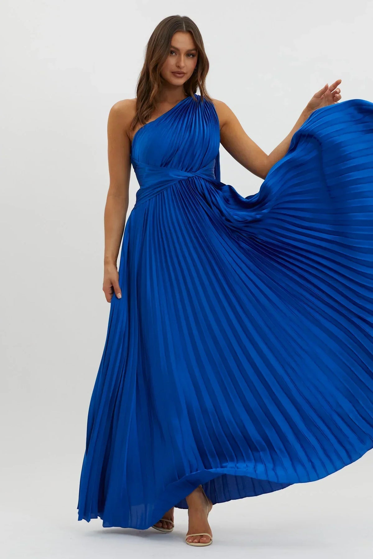 Satin One Shoulder Twist Waist Accordion Pleated Maxi Dress 4