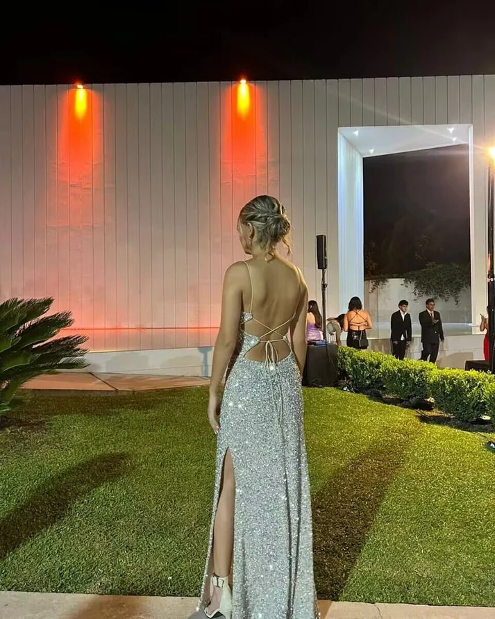 Sparkly Silver Sequin Sheath Backless Long Prom Dress With Slit cc1975