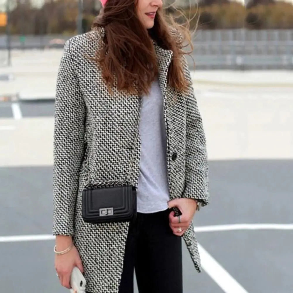 Tweed Look Lapel Single Breasted Longline Coat