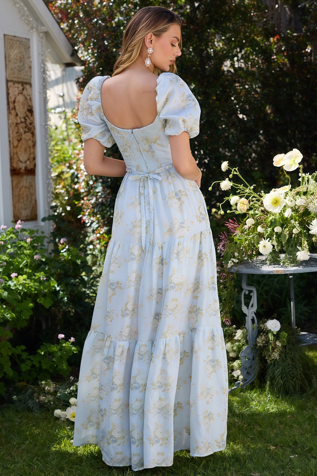 Floral Print V-Neck Puff Sleeve Cut Out Waist Tiered Maxi Dress