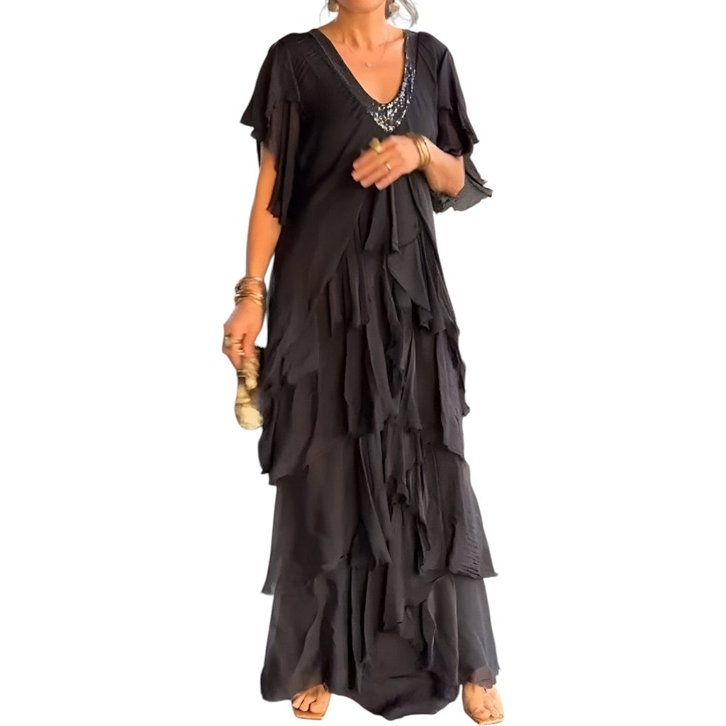 Sheila- Elegant pleated dress with V-neck Black