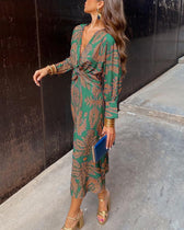 Deep V-Neck Long Sleeve Twist Front Midi Dress 2