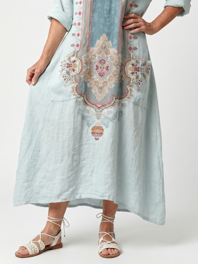 Ornate Medallion Print V-Neck Long Sleeve Linen Look Maxi Dress