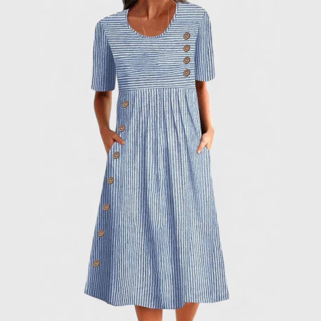 Striped Round Neck Short Sleeve Button Front Midi Dress