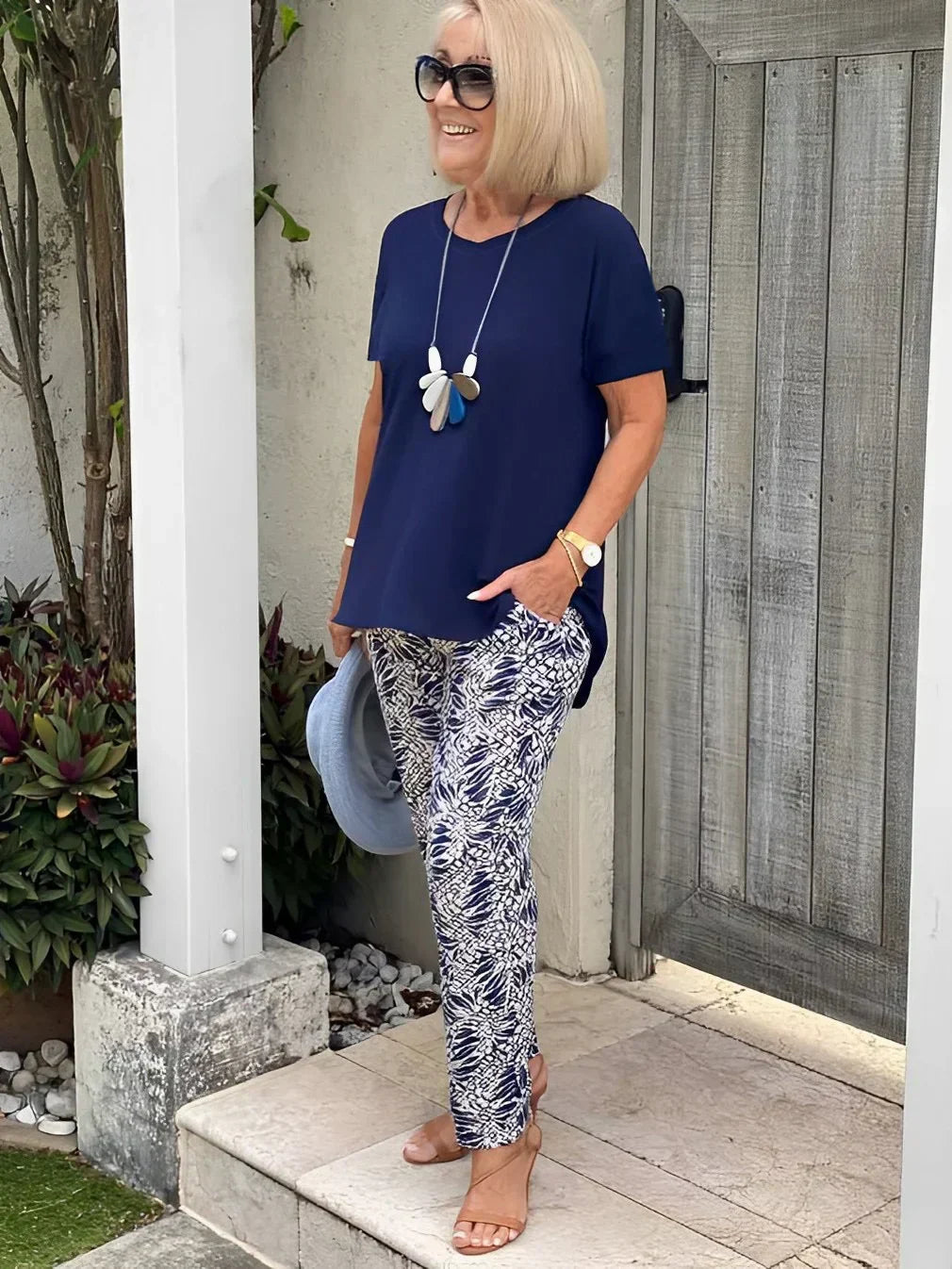 Short Sleeve Top and Leaf Print Pants Two Piece Set