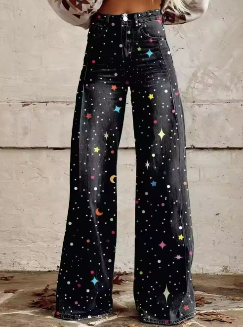 Star Print High Waist Wide Leg Jeans