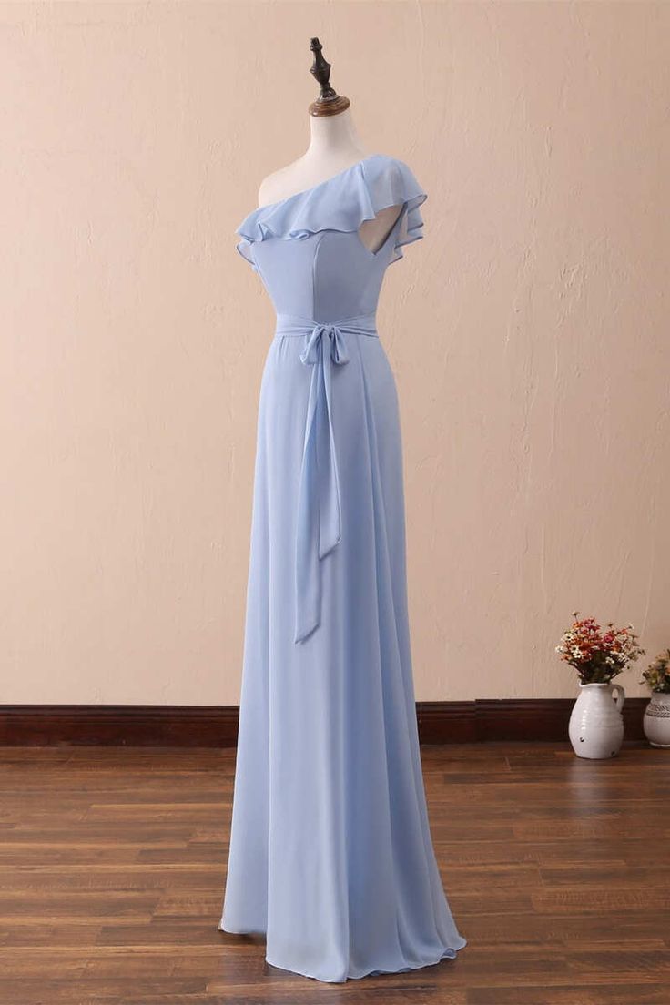One-Shoulder Ruffled A-Line Long Bridesmaid Dress
